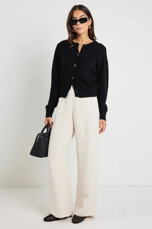Delight Black Cotton Fine Knit Crew Cardigan Houndstooth Herringbone Solid