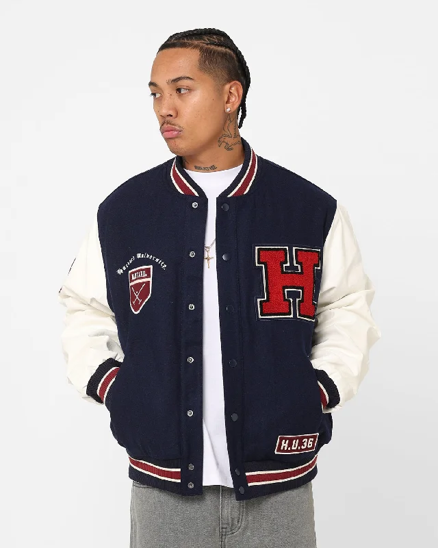 The New Establishment Harvard Two Tone Letterman Jacket Navy/White Zippered Front Buttoned Front Snap Front