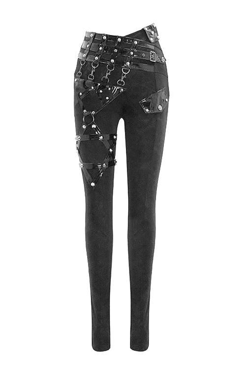 Black Punk Leather Loops Asymmetric Knitted Stretch Womens Pants Casual Wide Pants