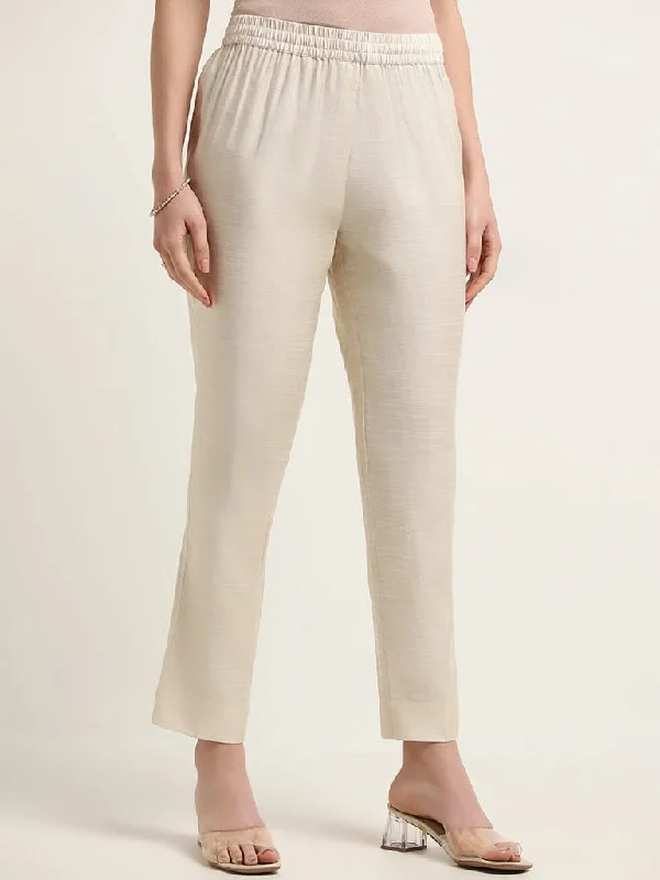 Zuba Beige Mid Rise Straight Fit Pants Formal Slim Pants