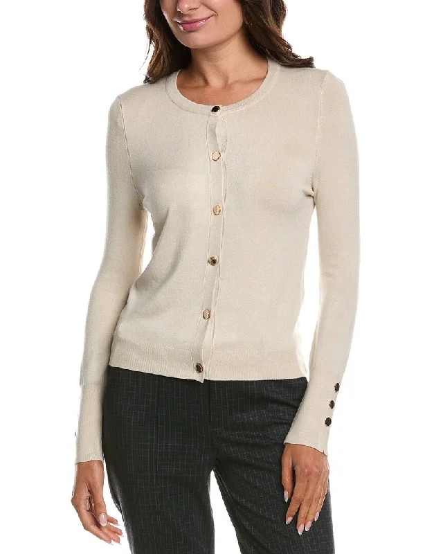 T tahari Crew Neck Cardigan Herringbone Houndstooth Plaid