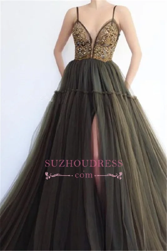 Sexy Slit Sleeveless Appliques Party Dresses | Green Spaghetti-straps Tulle Prom Dresses Tunics Favorite customer Sexy Slit Sleeveless Appliques Party Dresses | Green Spaghetti-straps Tulle Prom Dresses Tunics Favorite customer