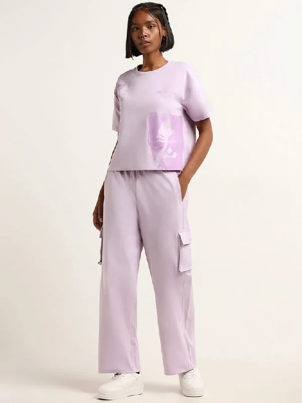 Studiofit Lilac Mid Rise Cotton Loose Fit Track Pants Casual Sweatpants Style