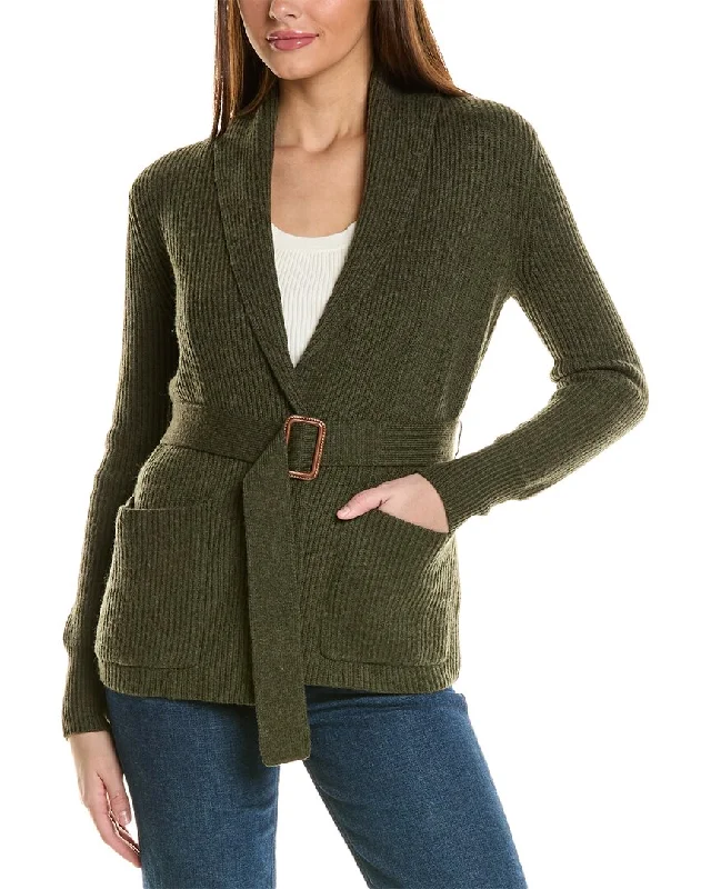 Bruno Magli Ribbed Belted Shawl Wool Cardigan Open Front Closed Front Wrap Front