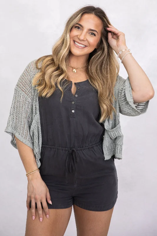Grey Fishnet Knit Short Sleeve Cardigan Bright Pastel Dark