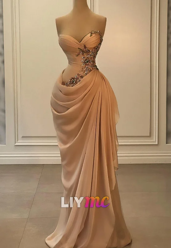 Sweetheart Strapless Formal Dress Appliques Ruched Party Dress Cowl Neckline Elegant