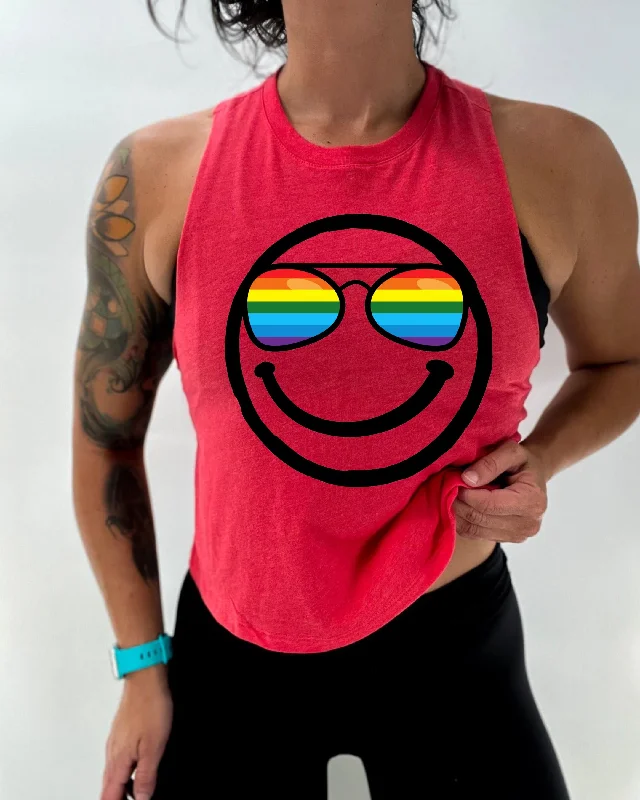 Ladies "OG Pride Shades Smile" Flowy Crop Tank | Rainbow striped tank top