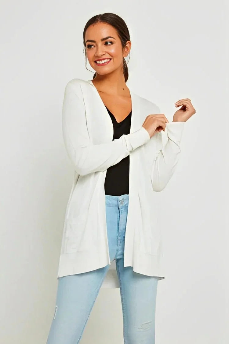 Fine Knit Long Pocket Cardigan Houndstooth Herringbone Solid