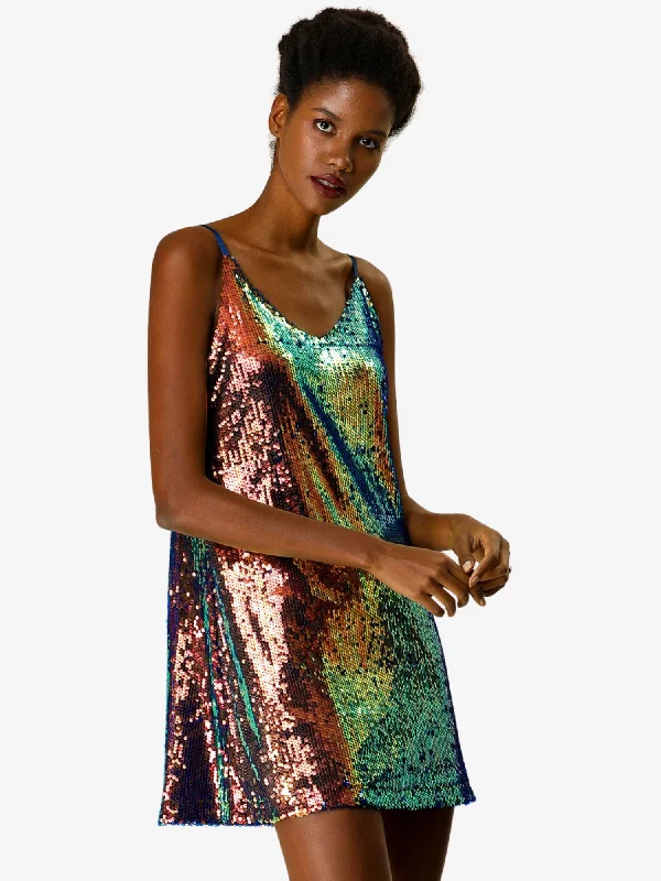 Glitter V Neck Spaghetti Strap Clubwear Mini Party Dress empire Waist empire