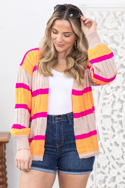 Orange and Hot Pink Stripe Ribbed Cardigan Chenille Blend Fleece Blend Nylon Blend