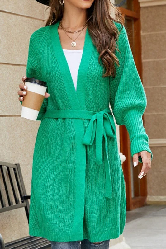 WOMEN FITTED RIB CUFF OPEN FRONT KNIT CARDIGAN Toggled Drawstring Belted