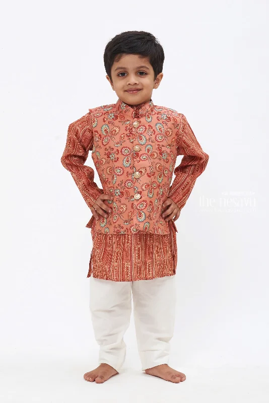 Boys Ethnic Floral Brown Kurta with Overcoat & White Pant Set Formal Stretch Pants