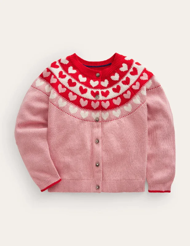 Fun Fair Isle Cardigan-Almond Pink Hearts Crew Neck V-Neck Turtle Neck