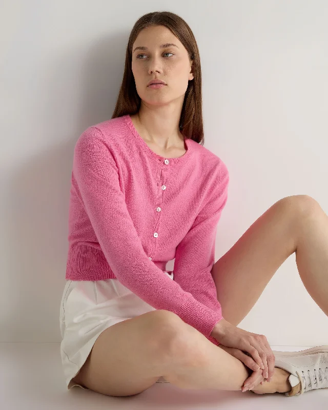 Women's Ivy Cropped Cashmere Cardigan Camellia Pink Zippered Buttoned Snapped