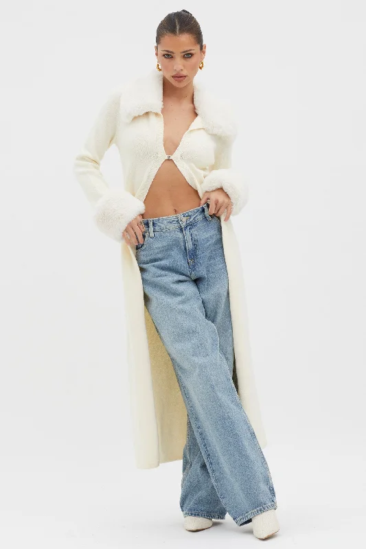 Snowflakes Fur Trim Longline Cardigan Coat Ivory Collared Crew Neck Turtle Neck