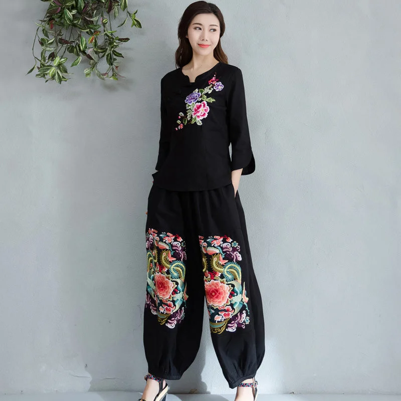 Floral Embroidery Signature Cotton Traditional Chinese Style Women's Loose Pants Relaxed Fit Trousers