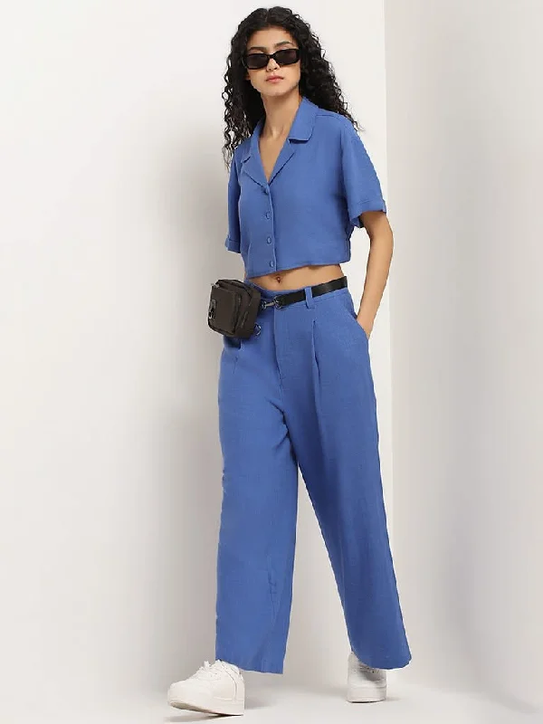 Nuon Blue Blended Linen Wide-Leg Pants Comfortable Jogging Pants