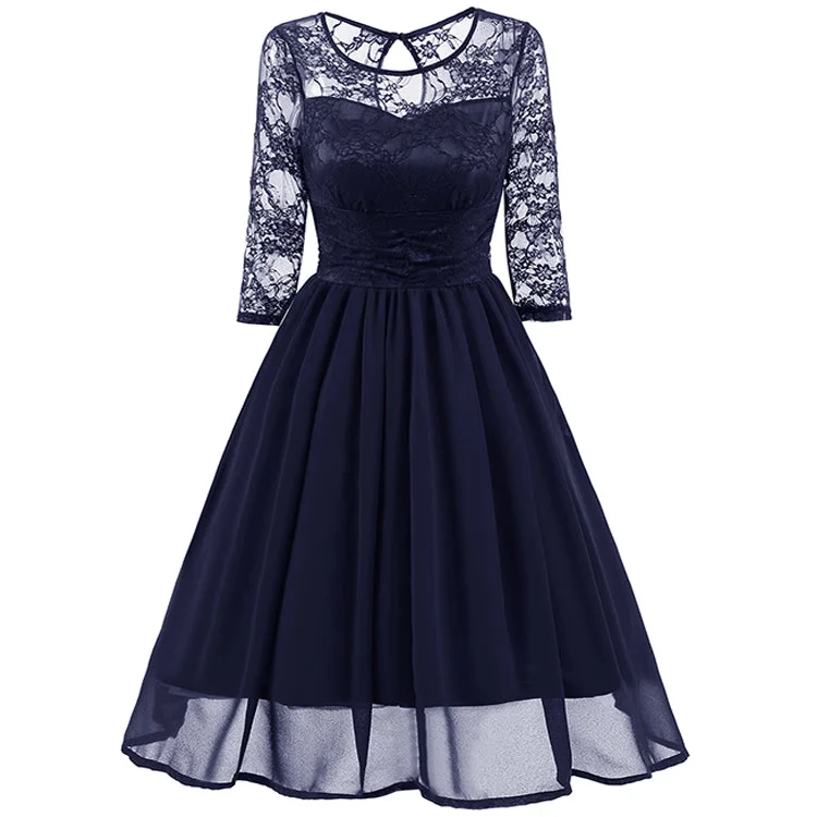 Classy Modest Navy Blue Lace Short Prom Dress with Sleeves | Blue Party Dress Tunics Luxurious premium