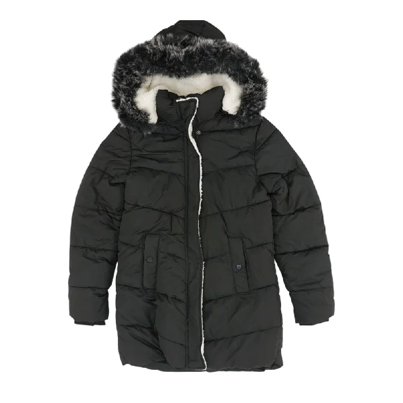 Black Solid Puffer Jacket Hoodie Zip-Up Jacket Button-Up Jacket