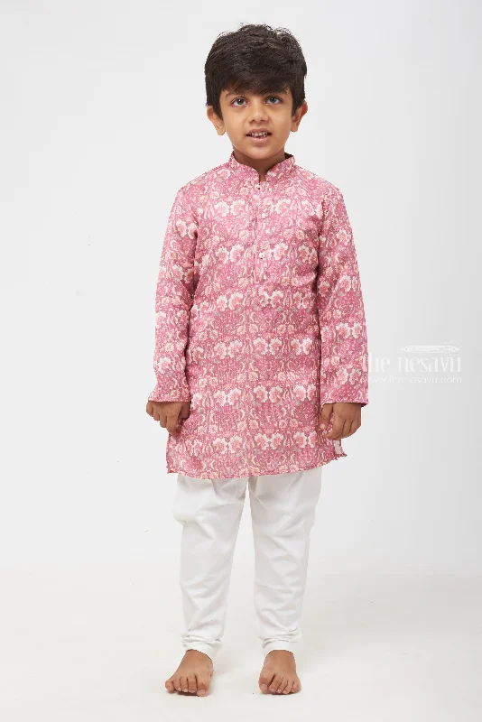 Vintage Blossom: Antique Pink Floral Kurta with Classic White Pants for Boys Soft Stretch Pants