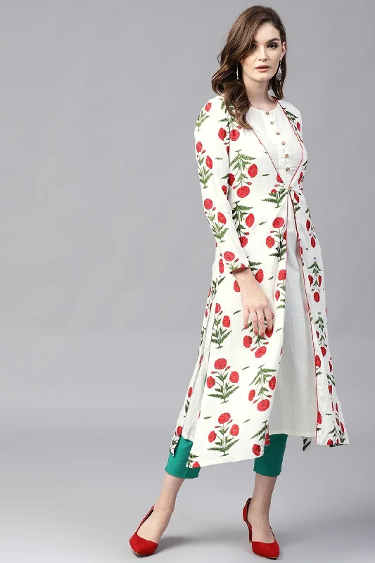 Women's Off White Crinkled Ethnic Maxi With Jacket - SASSAFRAS Front Pockets Side Pockets Patch Pockets