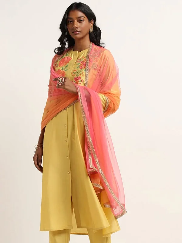 Vark Yellow Embroidered Kurta, Pants and Dupatta Set Formal Dress Pants