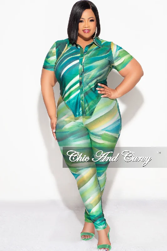 Final Sale Plus Size 2pc Button Up Collar Top and Pants Set in Green Elegant Wool Trousers
