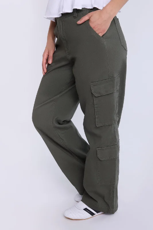 High Rise Cargo Twill Pants Casual Skinny Fit Pants