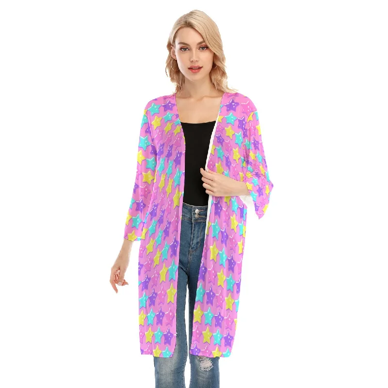 Electric Star Wave Pink V-neck Mesh Cardigan Thin Thick Dense