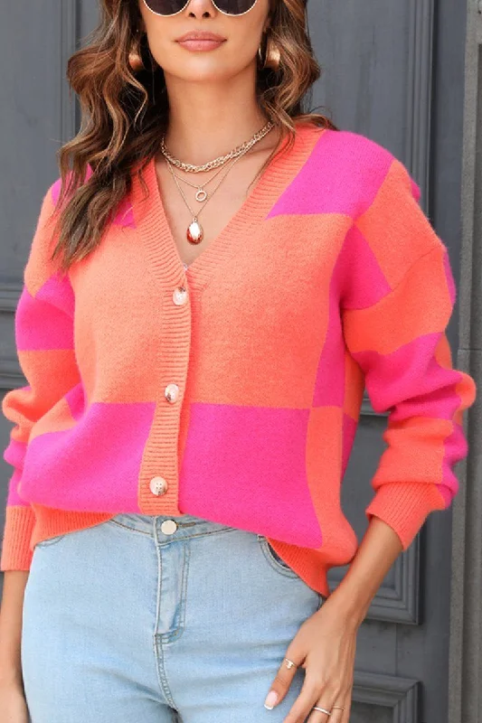 WOMEN PLAID COLOR BLOCK BUTTON UP CARDIGAN Embroidered Appliqued Beaded