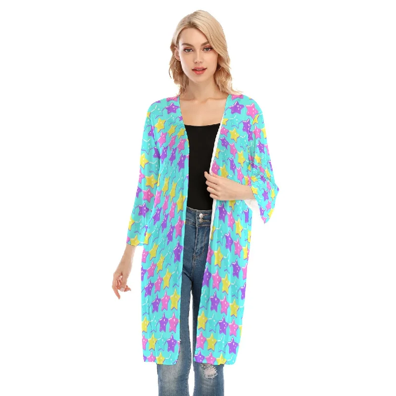 Electric Star Wave Blue V-neck Mesh Cardigan Oversized Loose Flowy