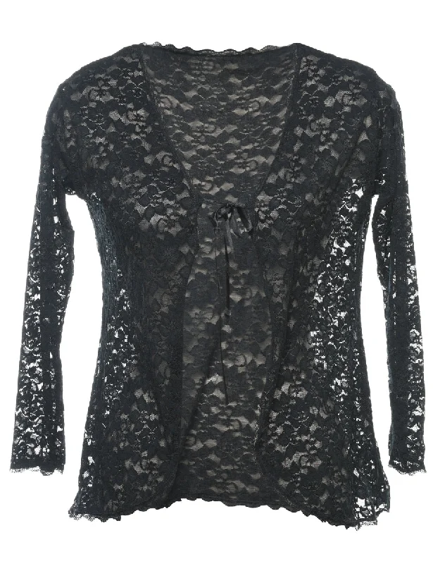 Classic Black Lace Y2K Evening Jacket - M Zip Front Button Front Snap Front