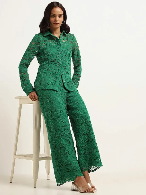 Wardrobe Green Lace Wide-Leg Pants Trendy Printed Leggings