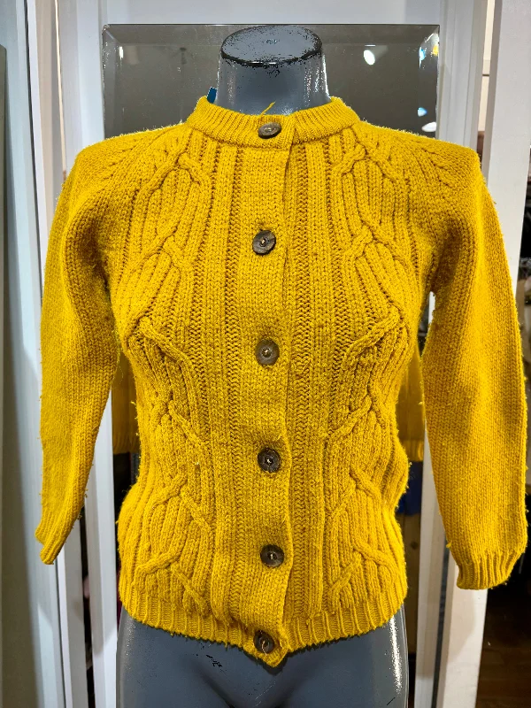 70’s Bright Yellow Embroiled Panel Cardigan Sweater Neon metallic Matte