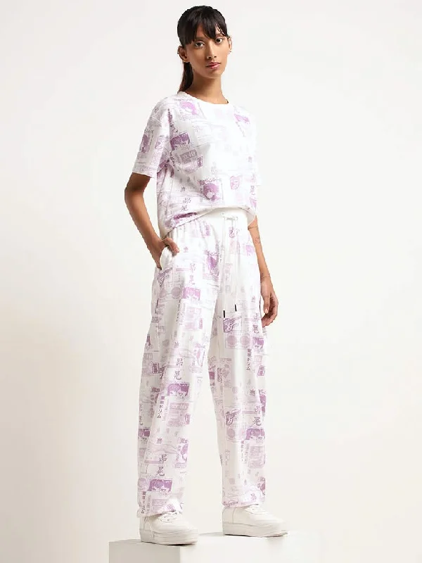 Studiofit White Mid Rise Printed Cotton Track Pants Comfortable Wide-Leg Pants