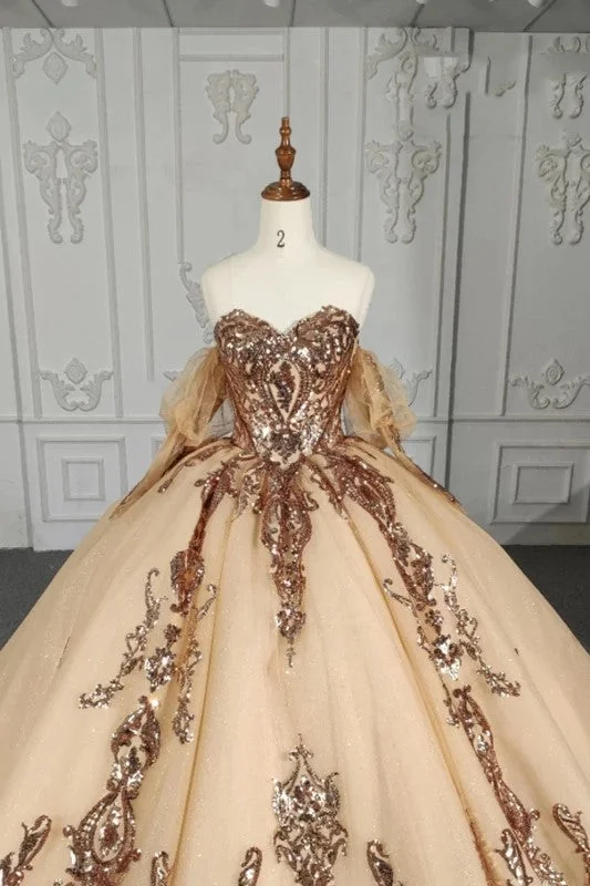 Stunning Gold Off-the-shoulder Quinceanera Dresses Long sleeves Evening Party Dresses with Sequins Sequined Elegant Party