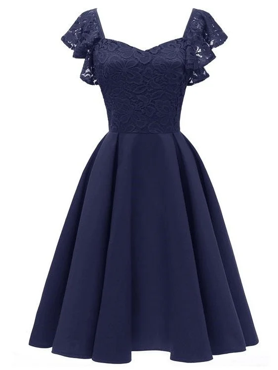 Vintage Short Blue Prom Dress for Teens with Ruffle Straps,Party Dress for Prom Boat Neckline Classic