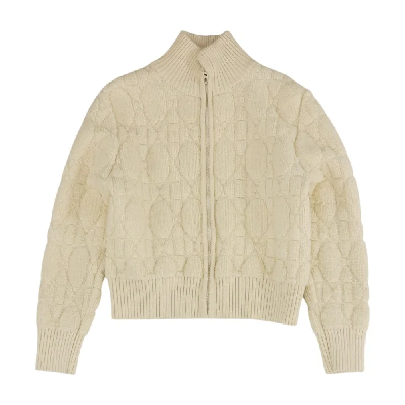 Ivory 100% Cashmere Solid Macrocannage Zipped Lightweight Jacket Jacket Blazer Coat