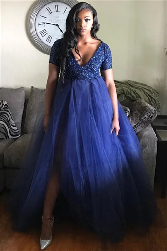 Plus-Size A-line Tulle Prom Dress | Short Sleeves V-Neck Party Dresses Tunics Exclusive limited