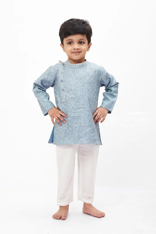 Sleek Grey Geometric Kurta Set with White Pants for Boys Slim Fit Casual Pants