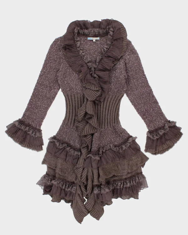 Y2k 00s Ruffle Tired Cardigan - M Ribbed Striped Patterned