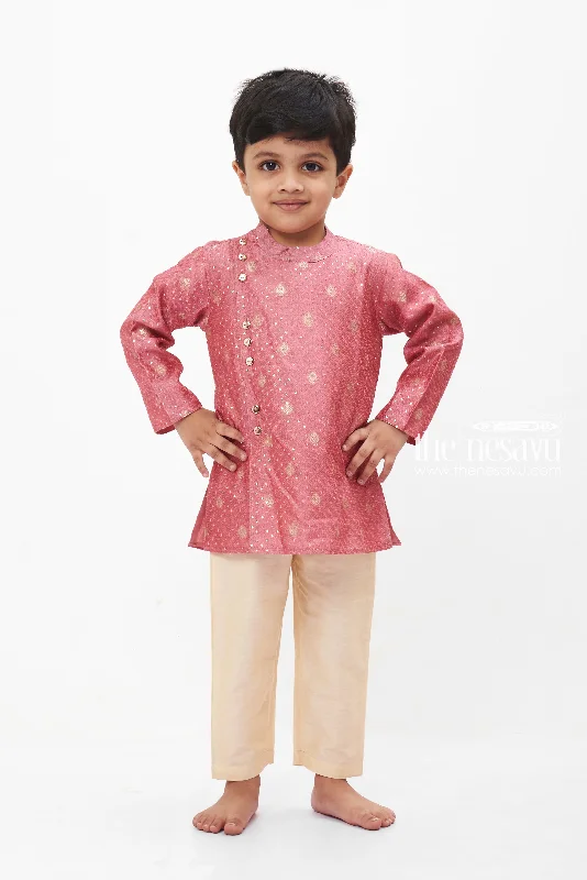 Boys Zari Embroidered Kurta with Cream Pant - Ethnic Elegance for Special Occasions Casual Drawstring Pants