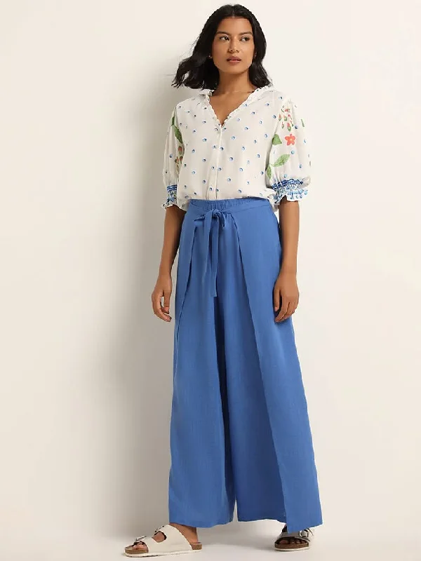 LOV Blue Mid Rise Blended Linen Wrap Pants Trendy High-Waist Trousers