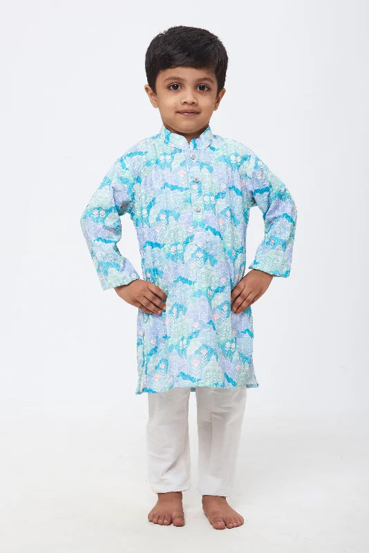 Mystical Meadows: Boys' Pastel-Toned Printed Kurta with Ivory Pant Set Elegant High-Waist Pants
