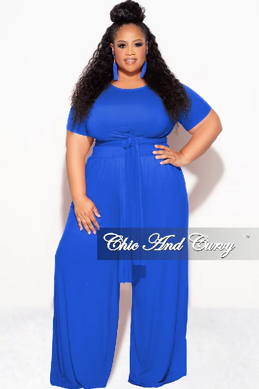 Final Sale Plus Size 2pc Short Sleeve Tie Top and Pants Set in Royal Blue Cozy Jogger Leggings