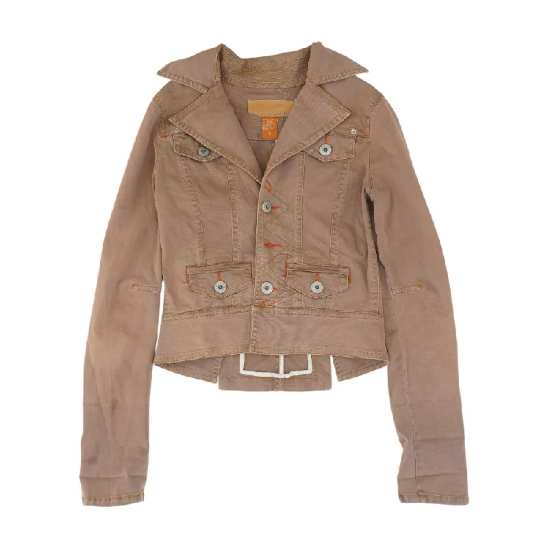 Tan Solid Denim Jacket Tiered Jacket Buttoned Jacket Zippered Jacket