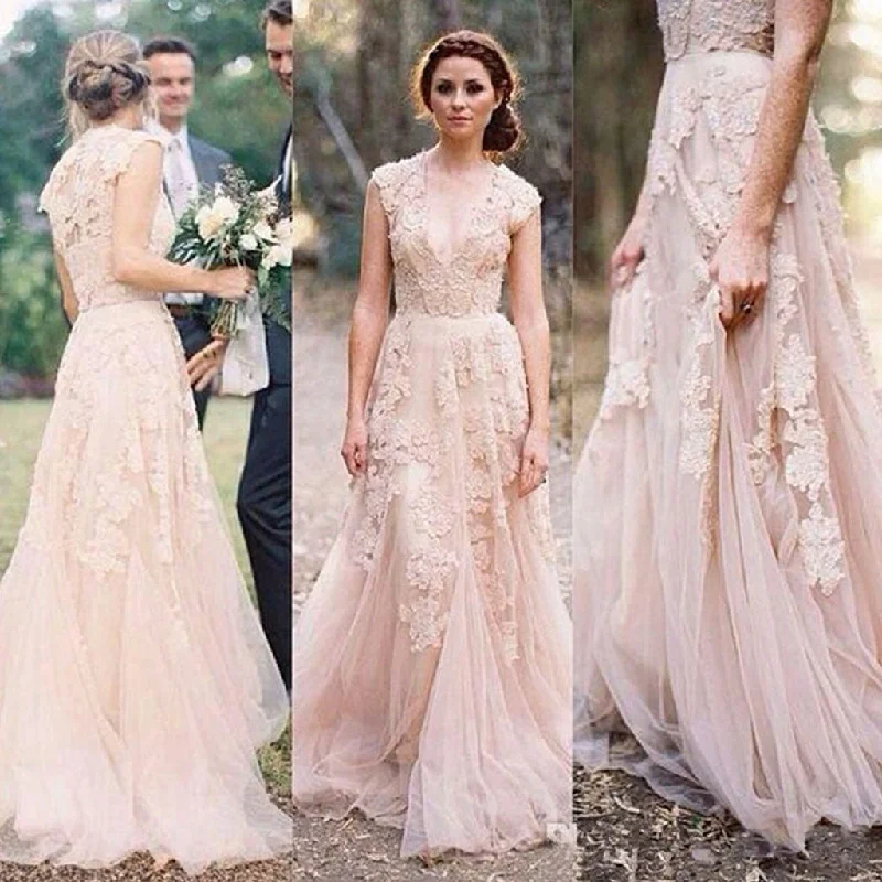 Charming Pink Lace Sexy V-neck Long Sheath Tulle Wedding Party Dresses, WD0139 Tunics Mesh breathable