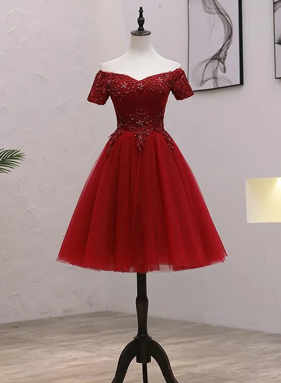 Tulle Dark Red Off The Shoulder Knee Length Homecoming Dress, Red Party Dress gh490 Tunics Fleece cozy Tulle Dark Red Off The Shoulder Knee Length Homecoming Dress, Red Party Dress gh490 Tunics Fleece cozy