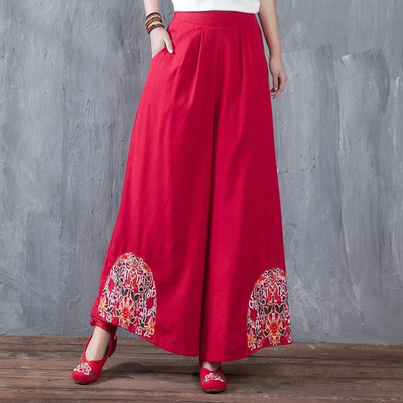 Floral Embroidery Traditional Chinese Style Women's Loose Pants Soft Cotton Pants