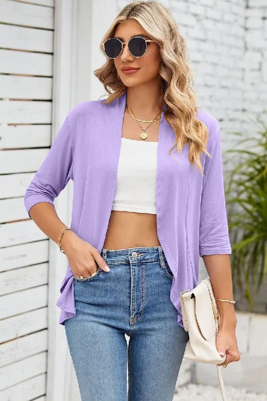 QUARTER SLEEVE RUFFLED FRONT OPEN CARDIGAN Chenille Blend Fleece Blend Nylon Blend